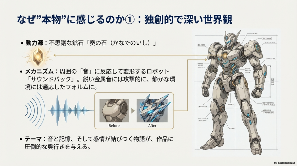 動力源である「奏の石」や、音に反応して変形するロボット「サウンドバック」の仕組み、音と記憶、感情が結びつくテーマ性を解説したスライド。