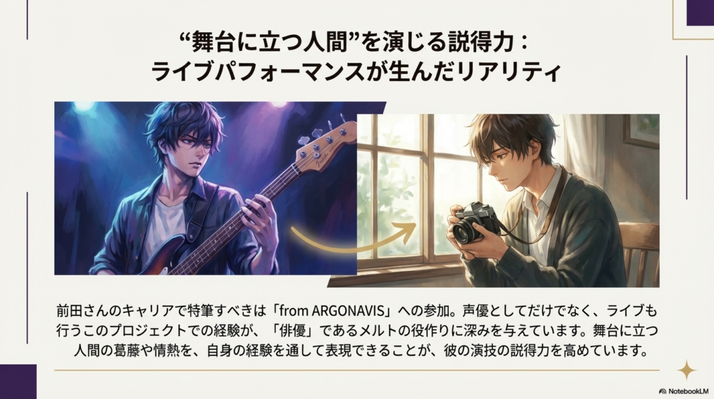 前田誠二さんの「from ARGONAVIS」での活動経験が、俳優役であるメルトの演技に深みを与えていることを説明する画像