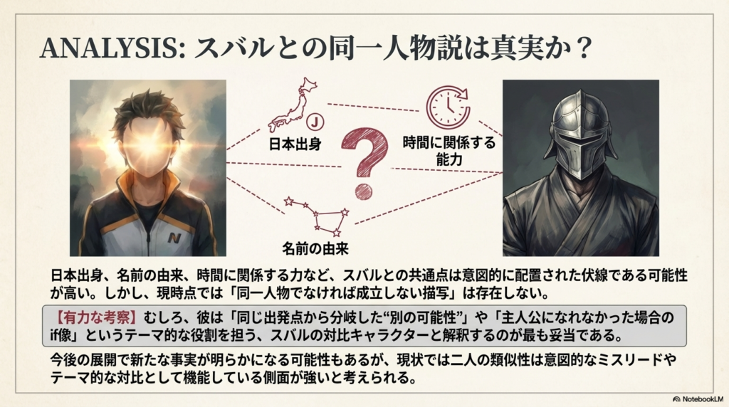 日本出身、名前の由来、時間能力などの共通点から、同一人物説よりも「別の可能性」としての対比を分析した図。
