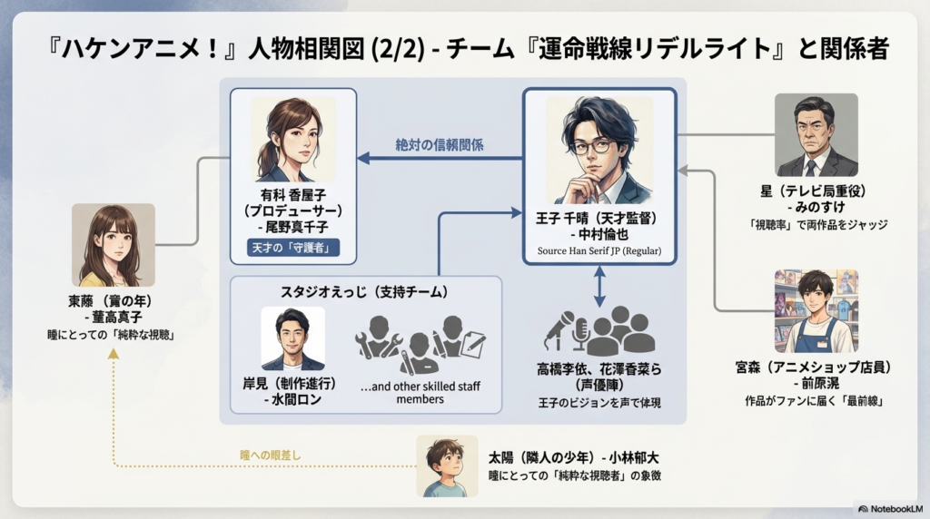 斎藤瞳率いるチーム「サバク」と、王子千晴率いるチーム「リデル」の両陣営および関係者を網羅した、実写キャストの人物相関図スライド。2