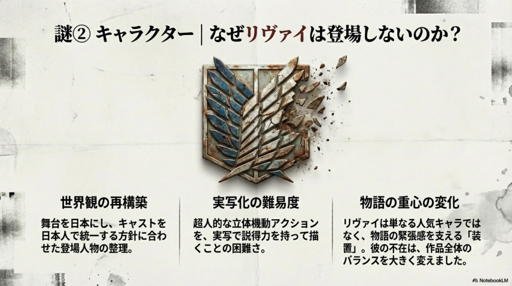 リヴァイ不在の理由として、世界観の再構築、実写化の難易度、物語の重心の変化を挙げた解説スライド。