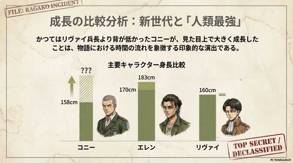 コニー（158cm→成長後）、エレン（183cm）、リヴァイ（160cm）の身長差を可視化した比較図