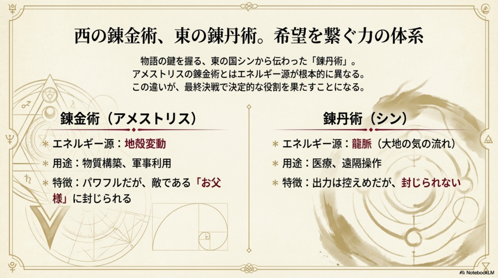 アメストリスの錬金術とシンの錬丹術のエネルギー源や用途の違いをまとめた比較表