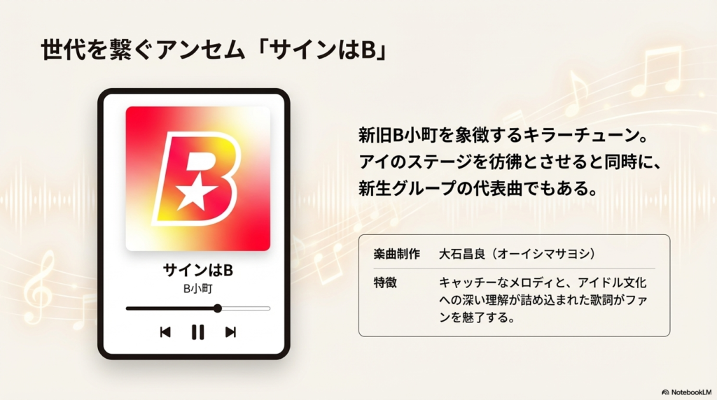 B小町の代表曲「サインはB」が、大石昌良（オーイシマサヨシ）による楽曲制作であることを解説し、キャッチーなメロディの魅力を伝えるスライド。