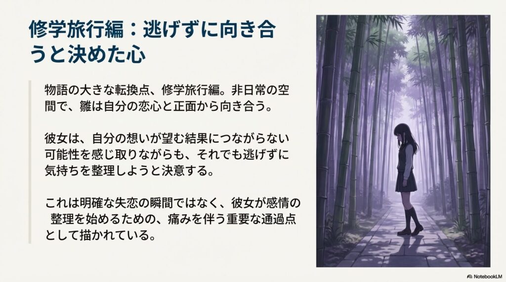 竹林の道を一人で歩く、制服姿の蝶野雛の寂しげながらも決意を感じさせる後ろ姿