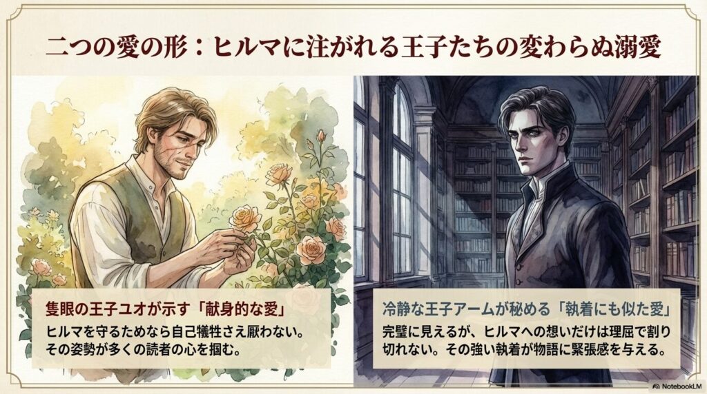 庭園で花を愛でる王子のイラスト。隻眼の王子ユオによる「自己犠牲を厭わない献身的な愛」と、冷静な王子アームによる「理屈で割り切れない執着にも似た愛」の対比。