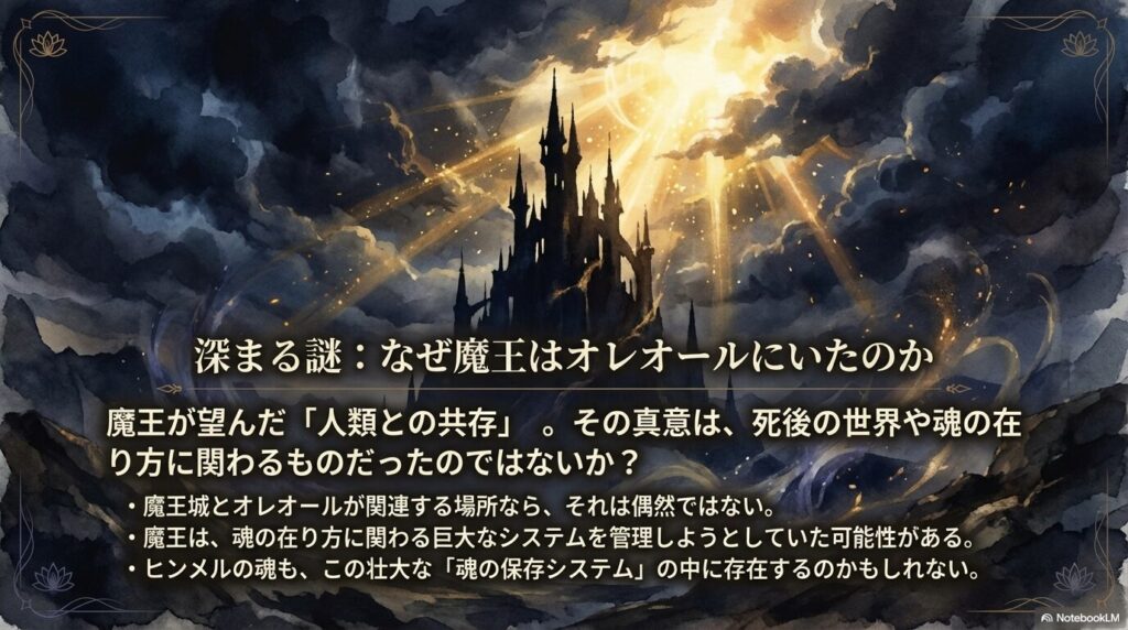 魔王城とオレオールの関連性や、魔王が管理しようとしていた可能性のある魂の保存システムについての考察スライド