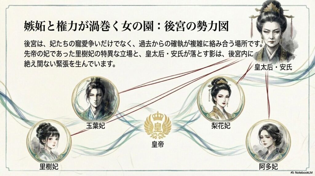 玉葉妃、梨花妃、里樹妃、阿多妃、皇太后、皇帝の肖像が並ぶ、後宮の主要人物相関図。