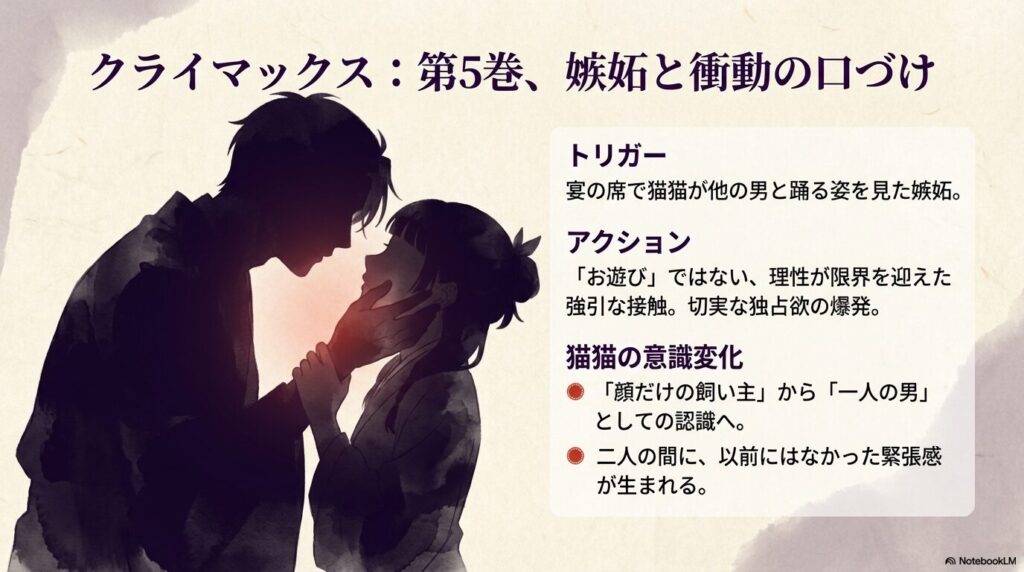 壬氏の嫉妬による強引な接触と、それによって猫猫が彼を一人の男性として意識し始めた変化をまとめたスライド。