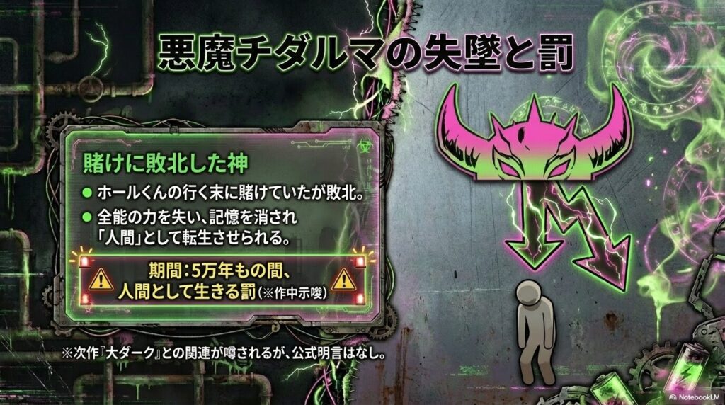 賭けに敗れたチダルマが全能の力を失い、記憶を消されて5万年の間「人間」として転生させられる罰を課された内容。