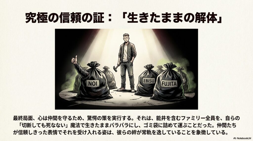 バラバラにされてゴミ袋に入れられた能井、恵比寿、藤田と、それを見守る心のシュールで絆を感じさせる光景。