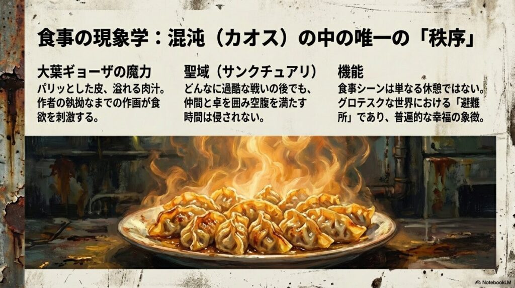 スライド5枚目。大葉ギョーザの魔力と、食事が過酷な戦いの中での「聖域（サンクチュアリ）」であることを解説 。食事シーンはグロテスクな世界における「避難所」であり、普遍的な幸福の象徴であるとしている 。