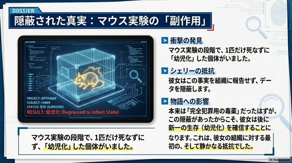 マウス実験で1匹だけ幼児化した個体を発見しながら、その事実を組織から隠蔽したシェリーの静かなる抵抗と、後の新一生存確信への繋がりを解説する図解。