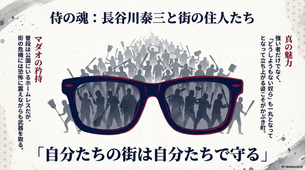 ホームレスでありながら、街のために武器を取る長谷川泰三の紹介。「自分たちの街は自分たちで守る」というメッセージ。