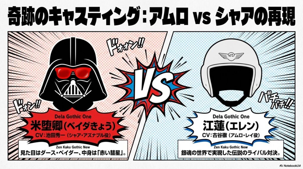 池田秀一（シャア役）が演じる米堕卿と、古谷徹（アムロ役）が演じる江蓮の対決を紹介するスライド。
