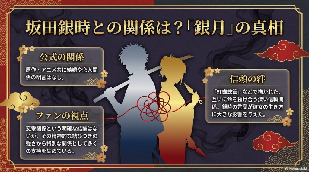 銀時と月詠の関係について。公式な結婚・恋人関係の明言はなし。紅蜘蛛篇などで描かれた、互いに命を預け合う深い信頼の絆と精神的な結びつきを解説。