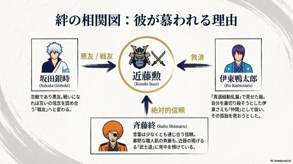 近藤勲と坂田銀時（悪友）、斉藤終（絶対的信頼）、伊東鴨太郎（救済）の絆を描いた相関図。