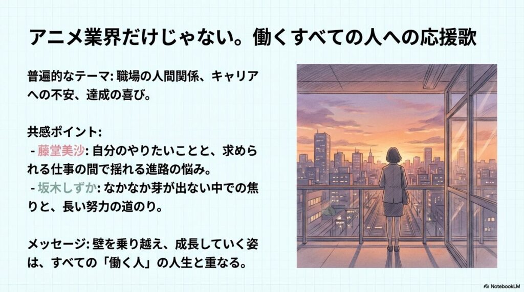 夕暮れの街並みをベランダから見つめる女性の背中と、キャリアへの不安や達成の喜びといった普遍的なテーマを挙げた解説
