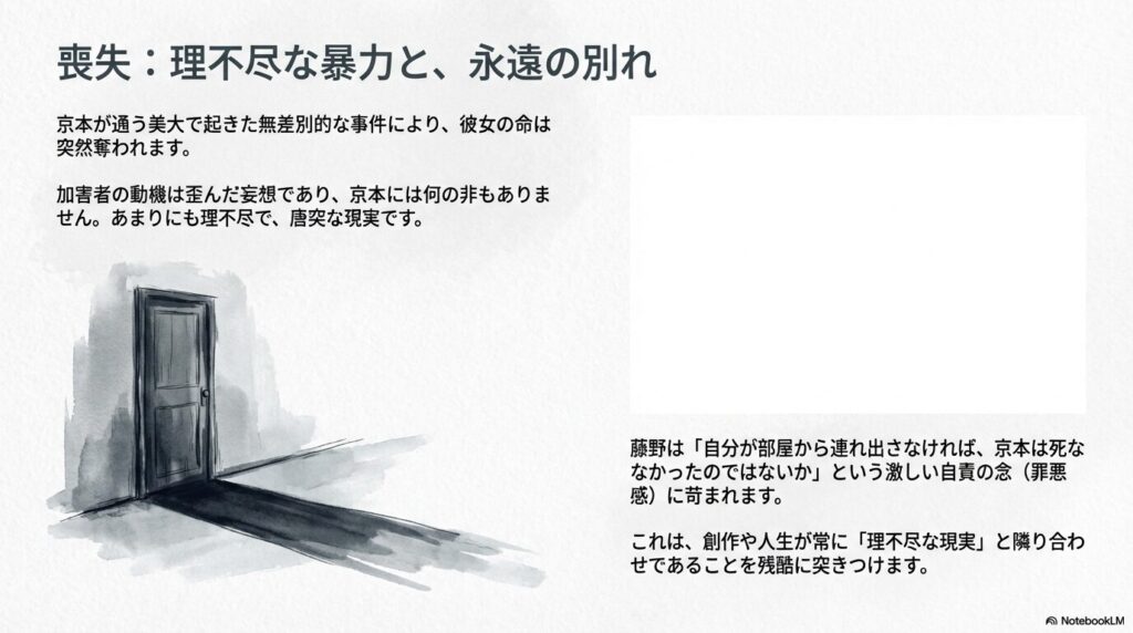 京本の命を奪った事件の理不尽さと、それによって藤野が抱くことになった激しい後悔についての解説テキスト。