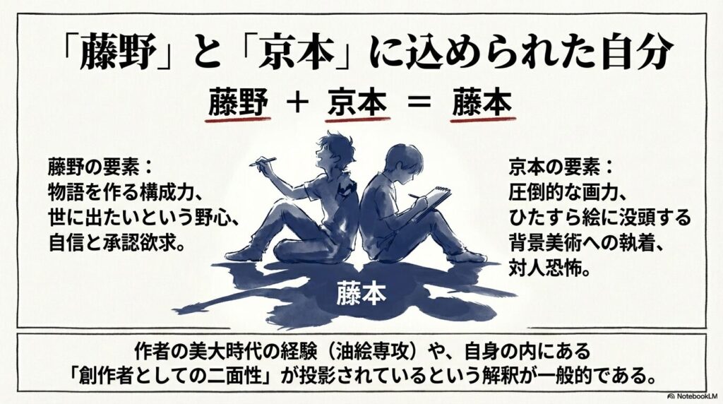 藤野（構成力・野心）と京本（画力・没頭）を合わせると「藤本」になるという名前の由来と、作者の内面にある二面性が投影されているという解釈を示す図解。