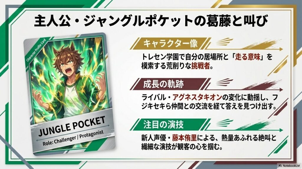 荒削りな挑戦者であるジャングルポケットの役割、成長の軌跡、そして声優・藤本侑里による熱演について記載されたキャラクターカード風スライド。