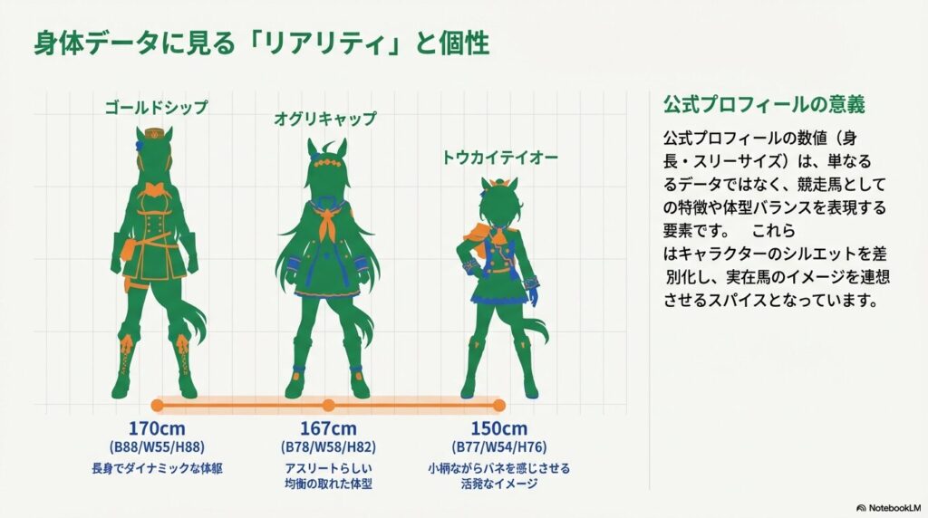 ゴールドシップ（170cm）、オグリキャップ（167cm）、トウカイテイオー（150cm）の身長とスリーサイズを比較し、これらの数値が単なるデータではなく実在馬のイメージを連想させる要素であることを解説するスライド。