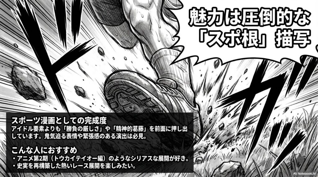 スポーツ漫画としての完成度の高さを解説するスライド。「勝負の厳しさ」や「精神的葛藤」を前面に押し出している点や、アニメ第2期のようなシリアス展開が好きな人におすすめであるというチェックリスト。