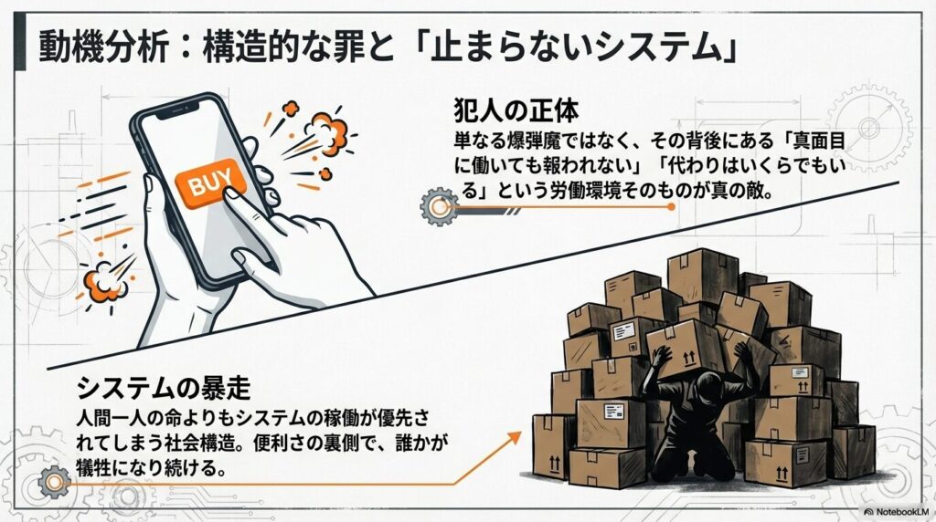 犯人の背後にある労働環境の闇と、人間一人の命よりもシステムが優先される社会構造を分析したスライド。