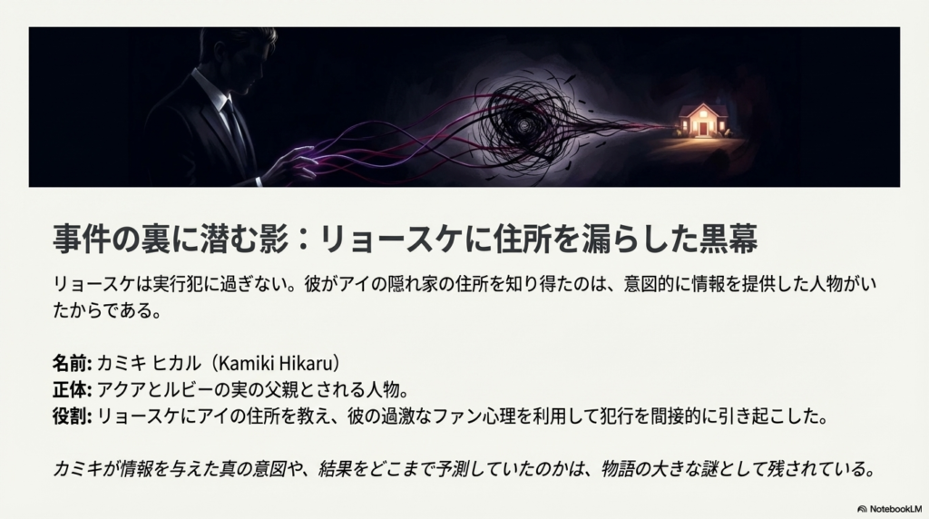 リョースケにアイの住所を教え、犯行を間接的に引き起こしたとされる人物カミキヒカルについての解説。