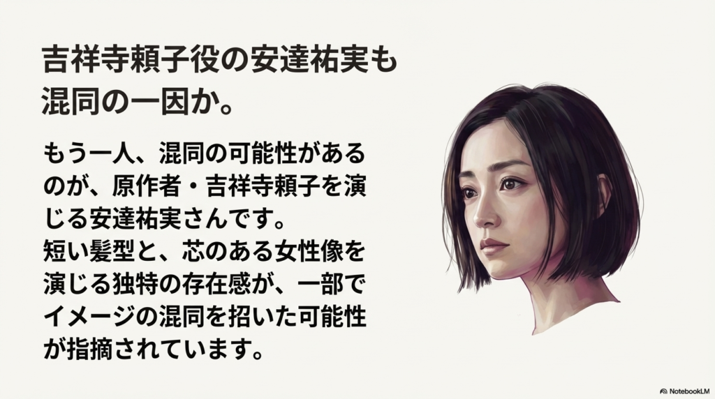 吉祥寺頼子役の安達祐実さんのイラスト。短い髪型や芯のある女性像という共通点が混同の一因であることを示すスライド。