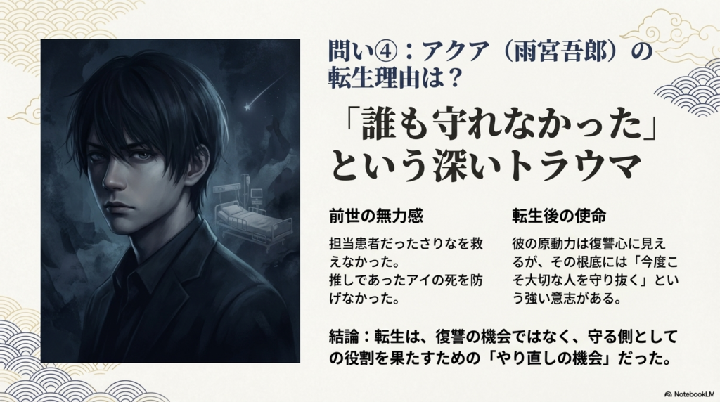 影のあるアクアのイラストと共に、誰も守れなかったという前世のトラウマを乗り越え、今度こそ大切な人を守り抜くという意志を解説したスライド。