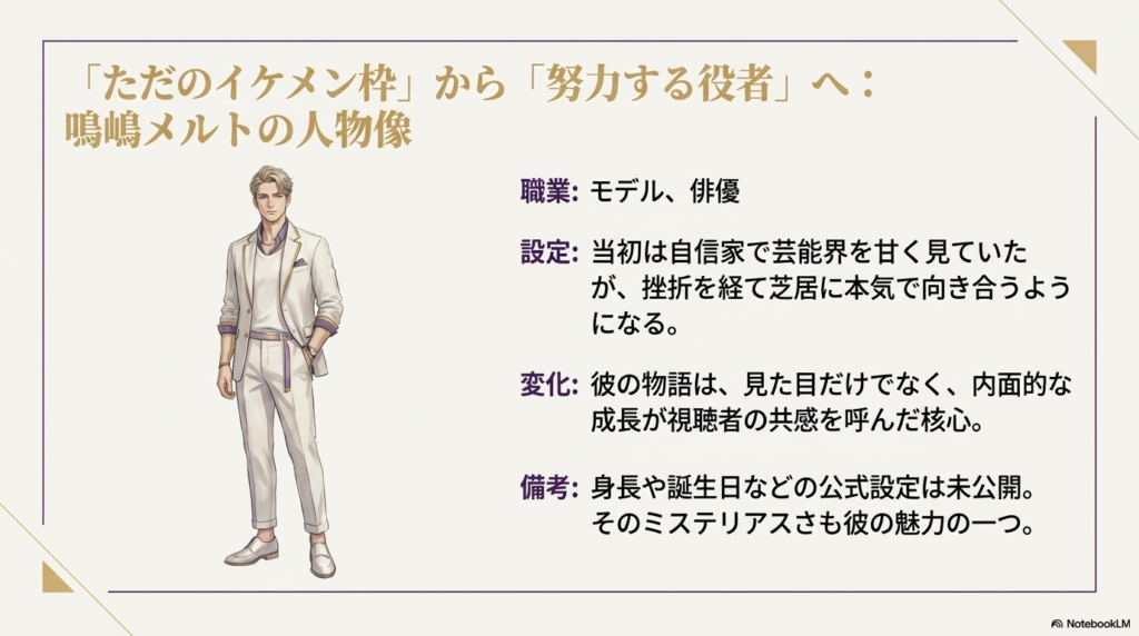 鳴嶋メルトのイラスト。当初の「自信家」から、挫折を経て「努力する役者」へと変化した物語の核心を解説