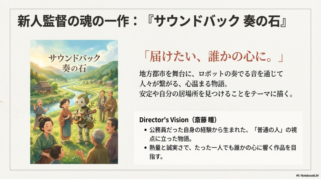 斎藤瞳が手掛ける劇中アニメ『サウンドバック 奏の石』のポスタービジュアル、あらすじ、監督のビジョンをまとめたスライド。