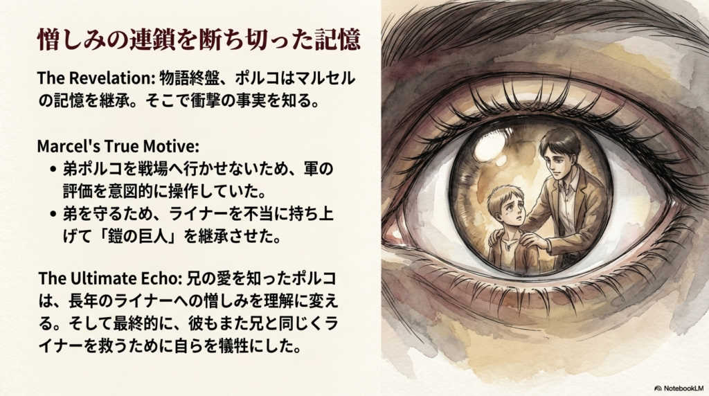 マルセルが弟ポルコを守るために軍の評価を操作していた事実と、それを知ったポルコがライナーを救うために自らを犠牲にする因果関係の解説。