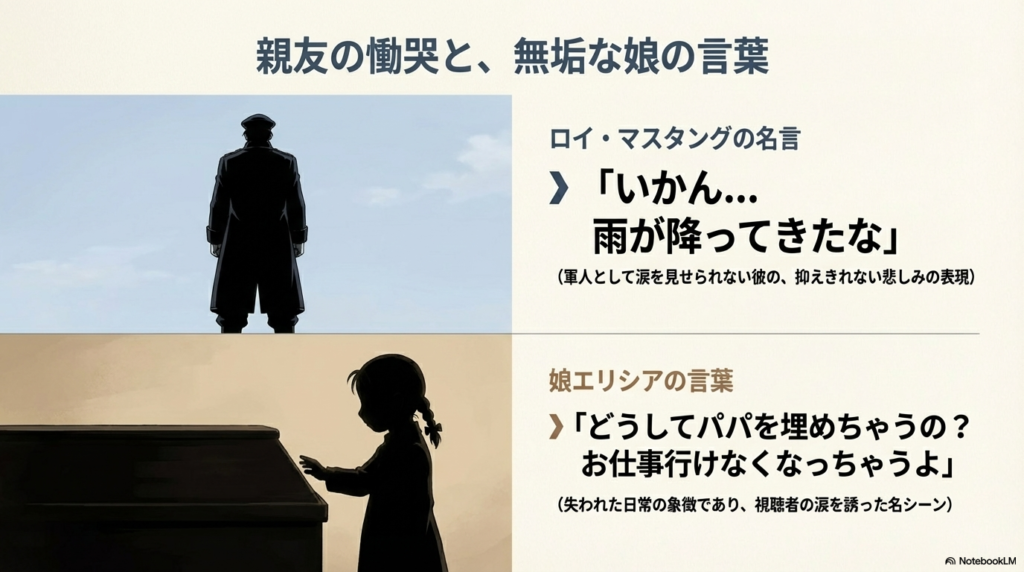 背を向けて立つマスタング大佐のシルエット。横には「雨が降ってきたな」という彼の言葉と、娘エリシアの「どうしてパパを埋めちゃうの？」という問いかけが添えられている。