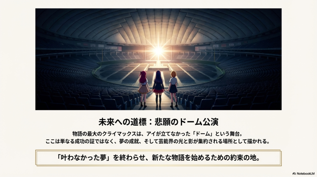 物語のクライマックスであるドーム公演が、単なる成功ではなく「叶わなかった夢」を終わらせるための場所であることを示す、ライトに照らされたステージのスライド。