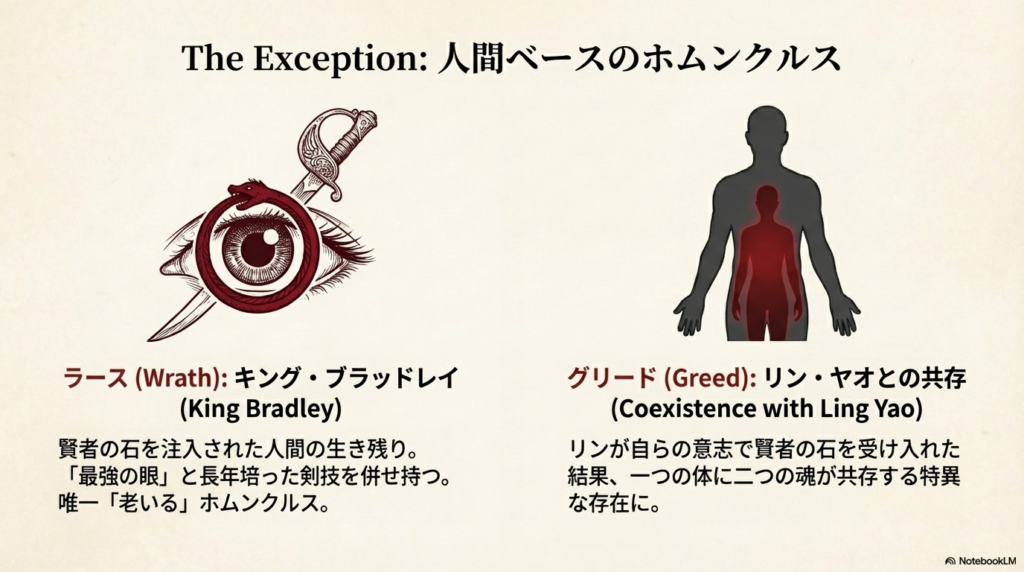 キング・ブラッドレイ（ラース）とリン・ヤオ（グリード）の解説。唯一老いる性質や、一つの体に二つの魂が共存する特異性について説明している。