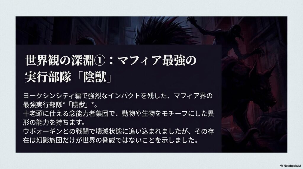 十老頭に仕える念能力者集団「陰獣」の概要を説明するスライド。幻影旅団だけが脅威ではないことを示す存在として紹介されている 。