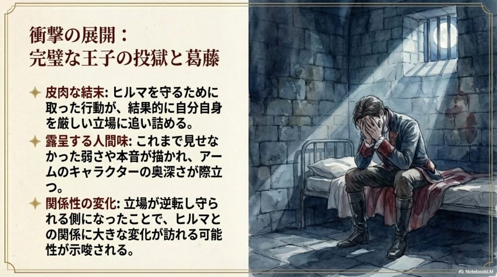 牢獄のベッドで頭を抱えて座り込むアームの姿。ヒルマを守るための行動が自分を追い詰め、立場が逆転して「守られる側」になったことによる関係性の変化を示唆。