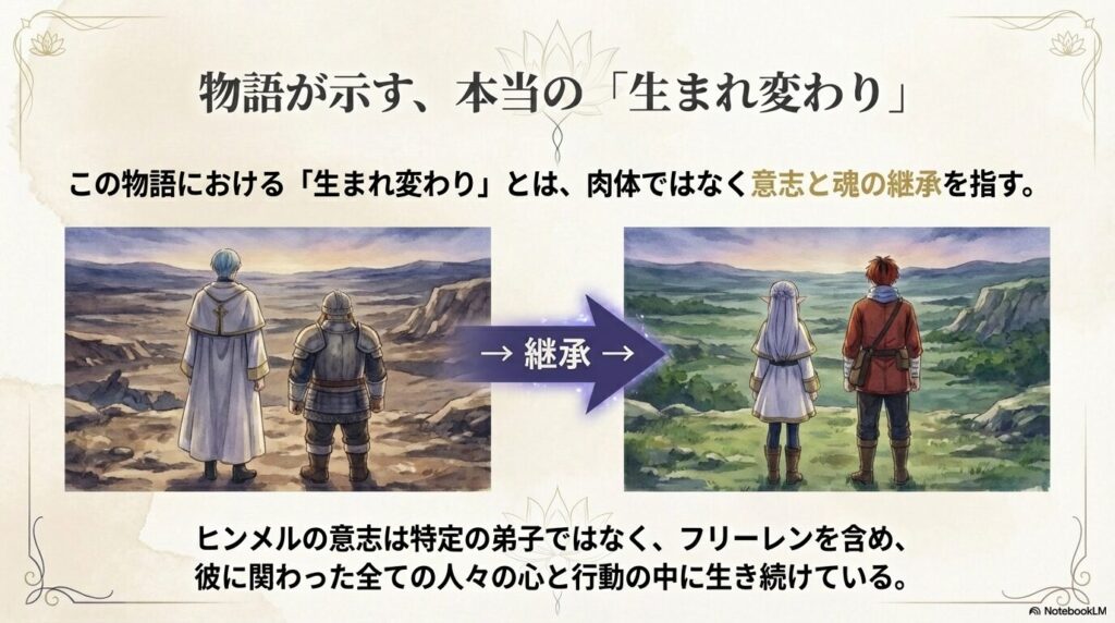ヒンメルやアイゼンの意志が、フリーレンやシュタルクたち次世代へ受け継がれていることを示すイメージ画像スライド