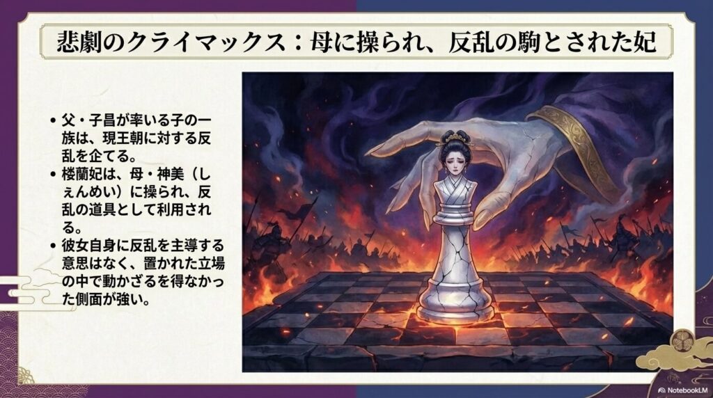 チェス盤の駒となった楼蘭妃を大きな手が操るイラストと、反乱の道具とされた解説