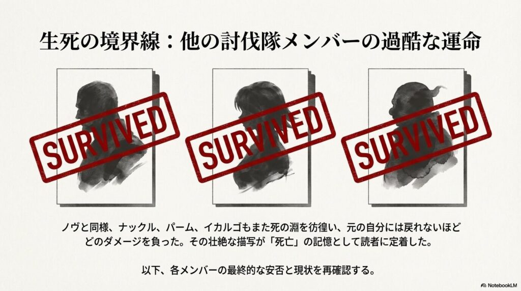 ノヴ、ナックル、パーム、イカルゴの3名の姿に「SURVIVED（生存）」のスタンプが押され、彼らがいずれも死の淵から生還したことを示すスライド 。