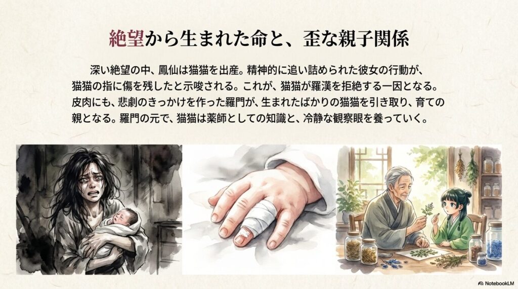 赤ん坊（猫猫）を抱くボロボロの姿の鳳仙と、成長した猫猫に薬草を教える羅門。