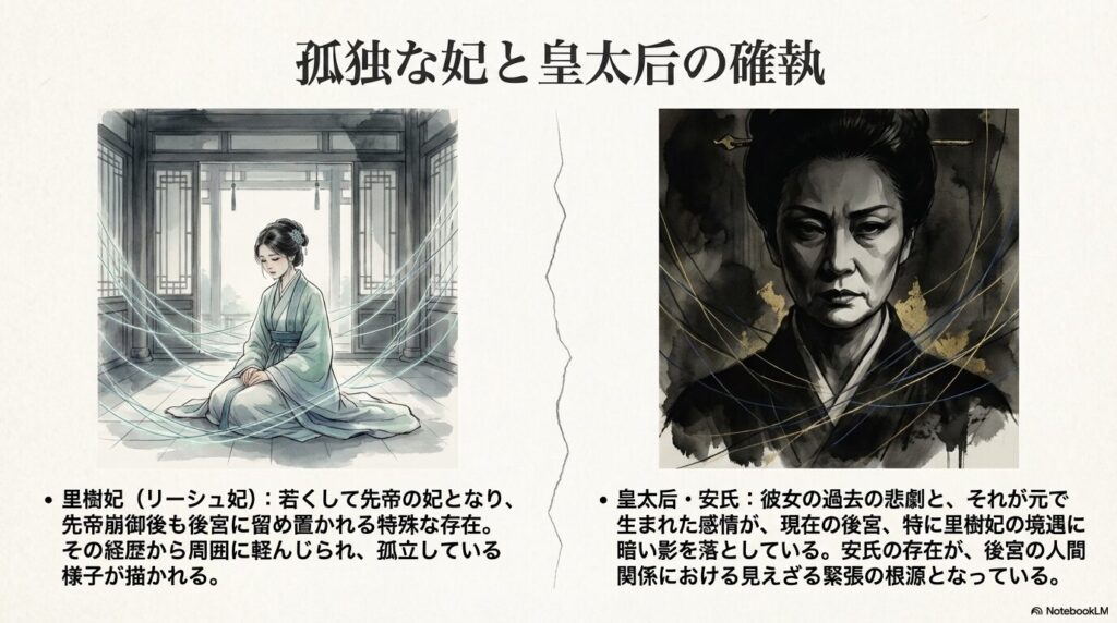 祈るような里樹妃と、険しい表情の皇太后・安氏の対比。二人の特異な立場と過去の因縁の解説。