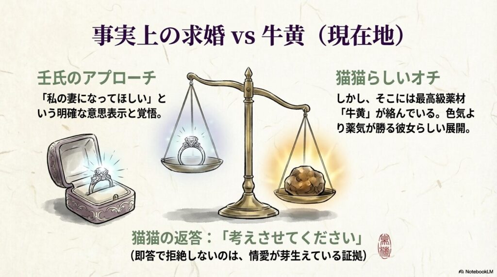 指輪と天秤にかけられた牛黄のイラスト。壬氏の真剣な求婚に対し、薬気を優先してしまう猫猫の対比を描いたスライド。