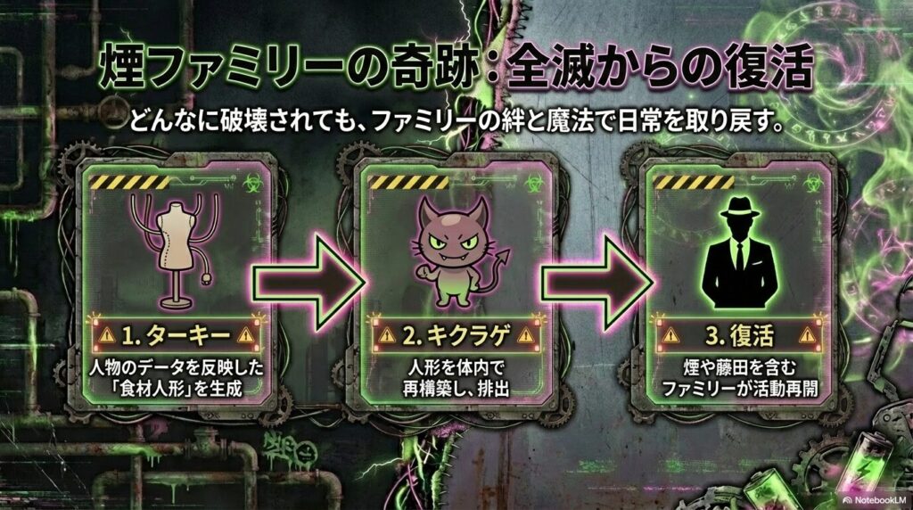 ターキーの食材人形とキクラゲの再構築能力を組み合わせ、煙や藤田を含むファミリーが全員復活するまでの仕組みを説明した図。
