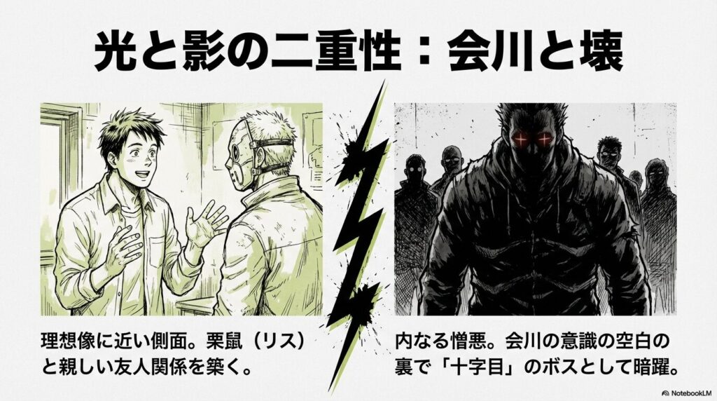 陽気な会川と、冷徹な十字目のボス・壊の対比イラスト。