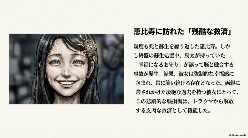 頭に「幸福になるお守り」が刺さり、電気が走ったようなエフェクトの中で不自然なほど明るく笑う恵比寿のアップ。