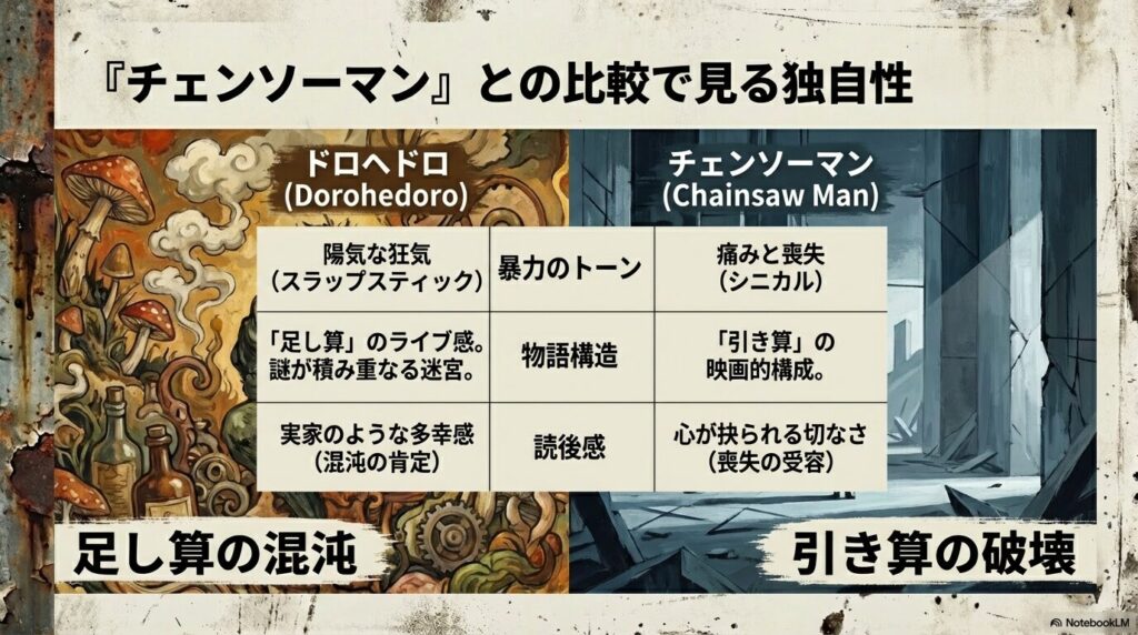 スライド6枚目。両作品を「暴力のトーン」「物語構造」「読後感」で比較した表 。『ドロヘドロ』は「陽気な狂気」「足し算の混沌」「実家のような多幸感」と定義されている