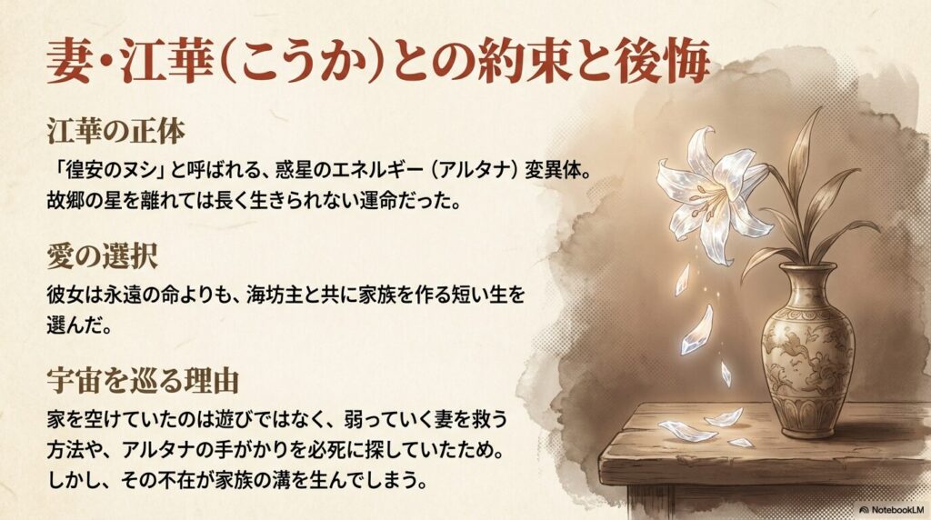 惑星のエネルギー変異体であった江華と星海坊主の愛の選択、そして彼女を救うために宇宙を巡っていた背景を説明する画像。